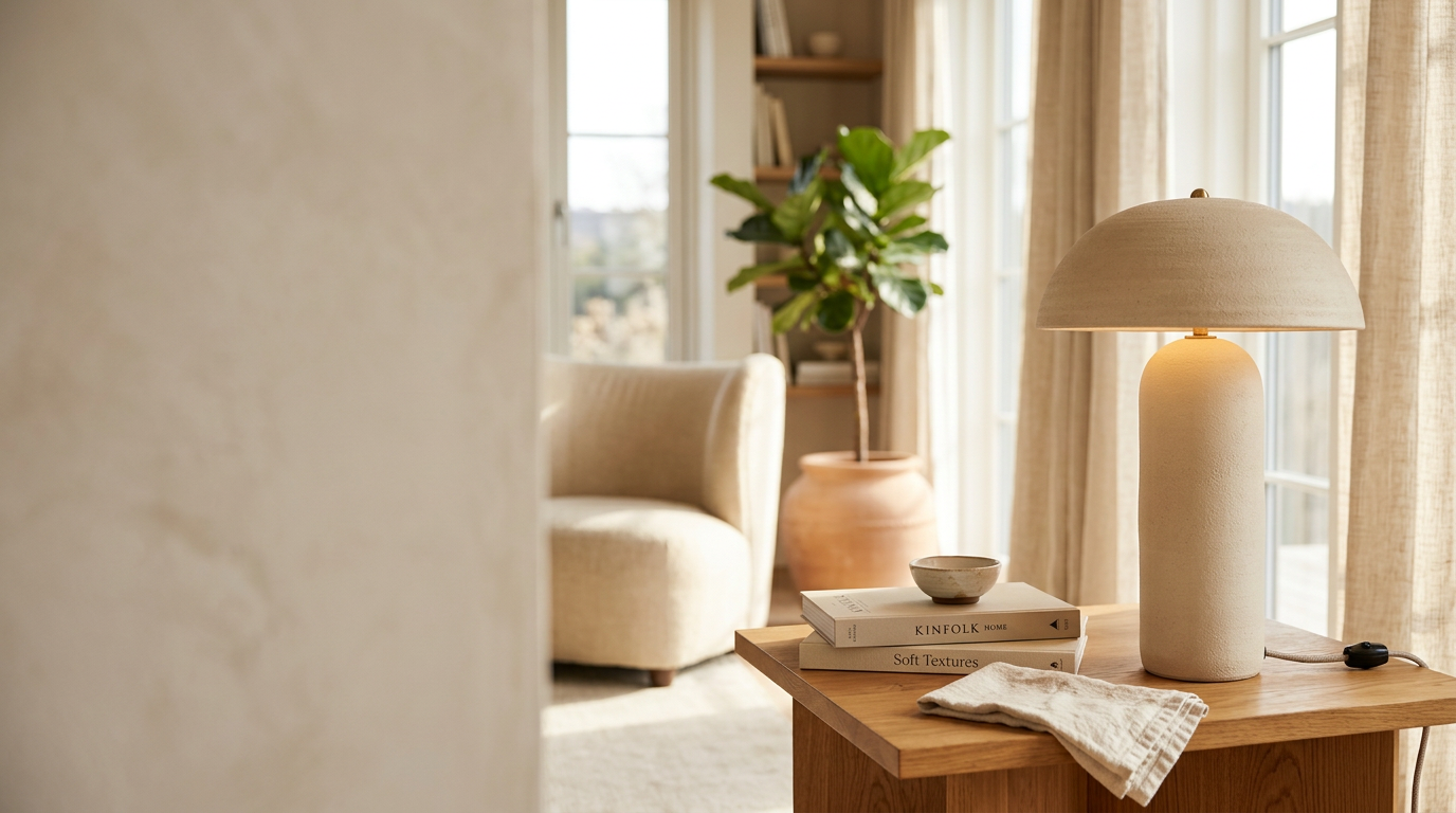 Lampe à poser design en céramique dans un salon chaleureux